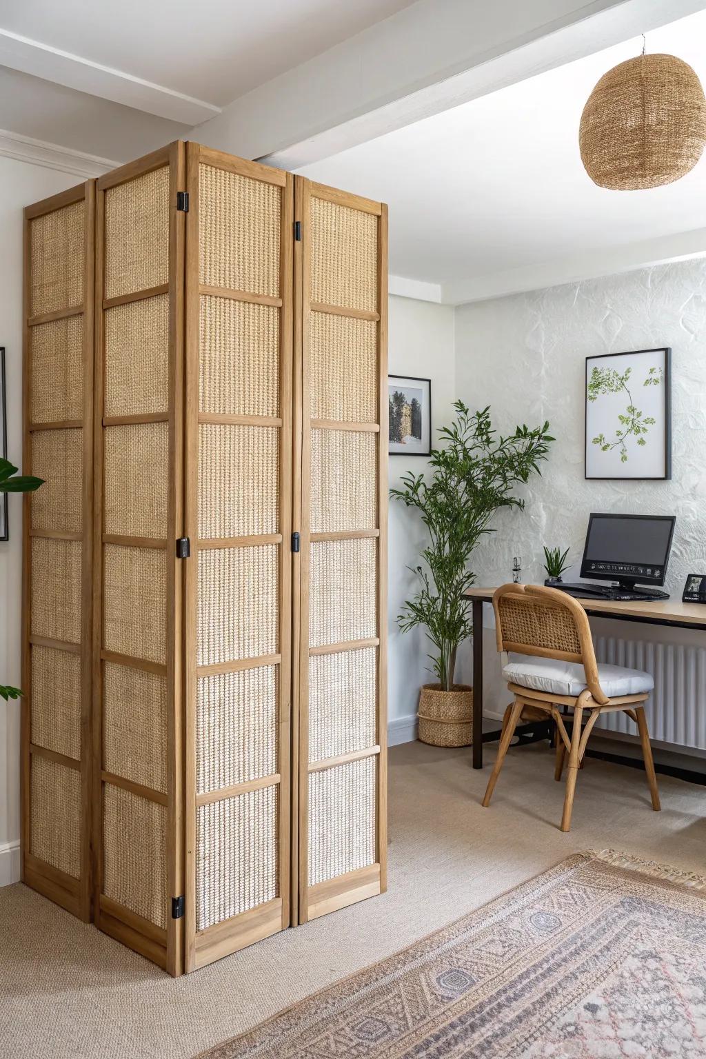 A sliding panel divider that creates a “room within a room” in the smallest home office.