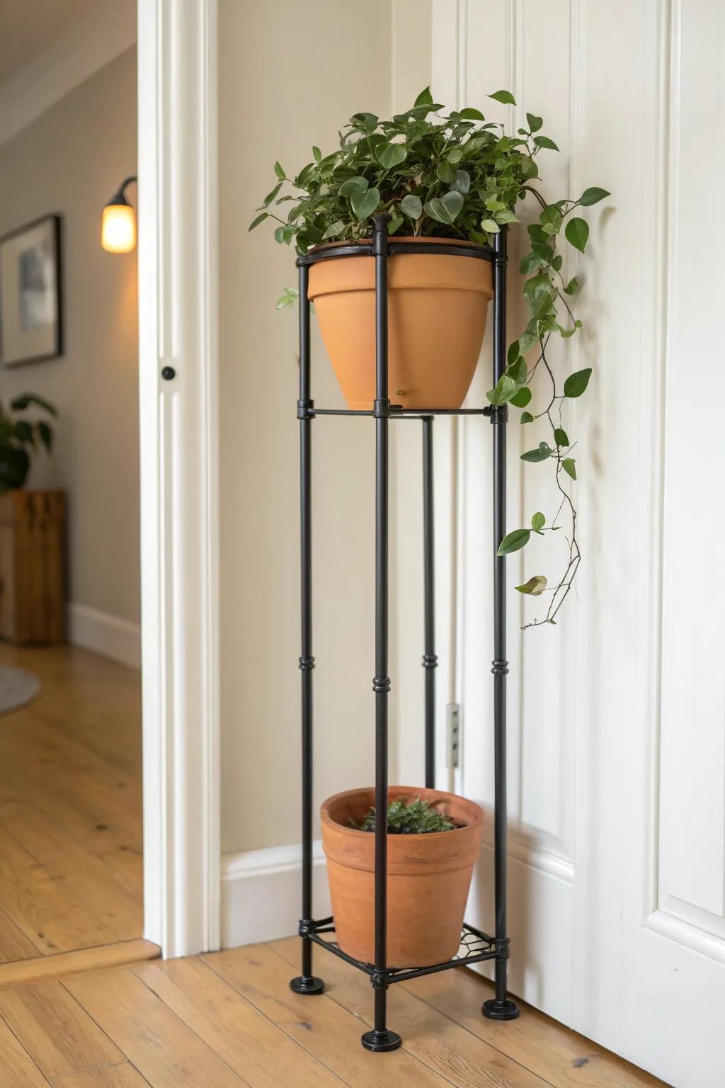 Sleek industrial pipe plant stand—perfect for narrow hallways and heavy pots.