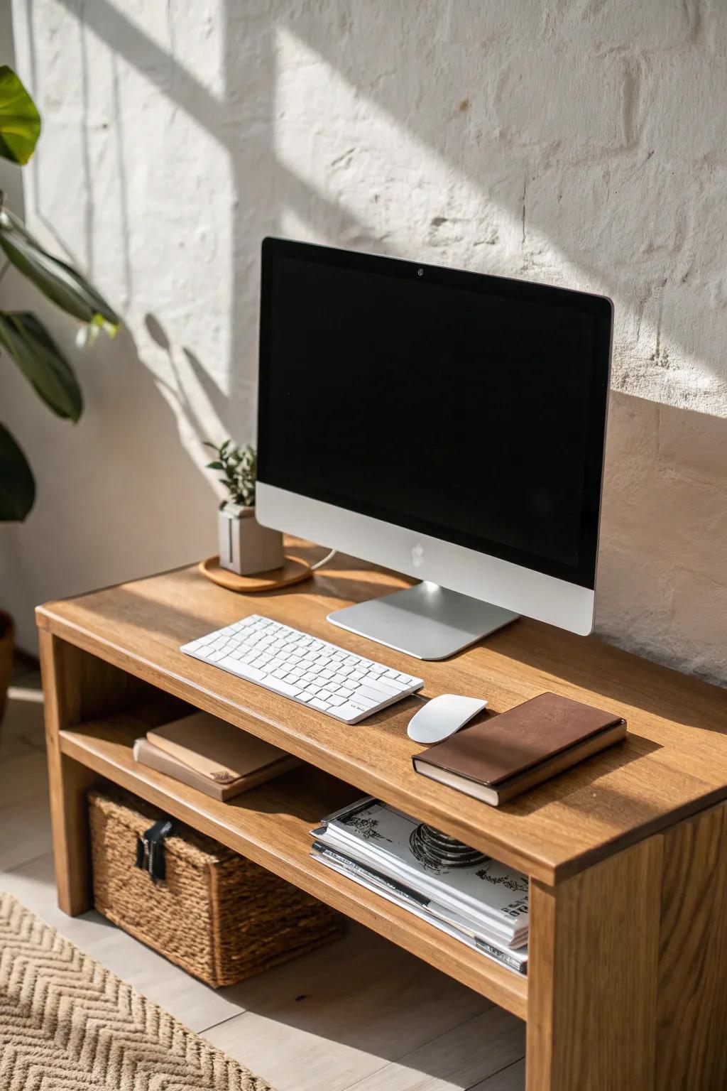Lift your monitor with a chic riser to hide keyboard and notebook for a cleaner cubicle.