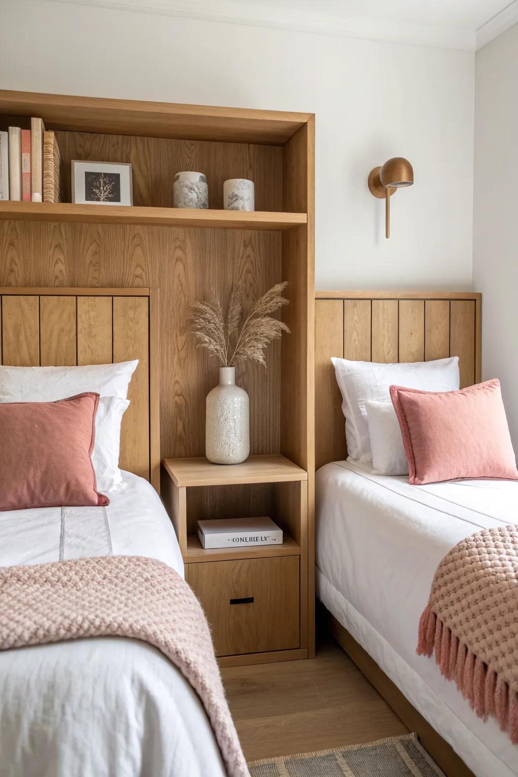 Head-to-head beds feel cozy, not crowded—this slim divider shelf creates two mini rooms.