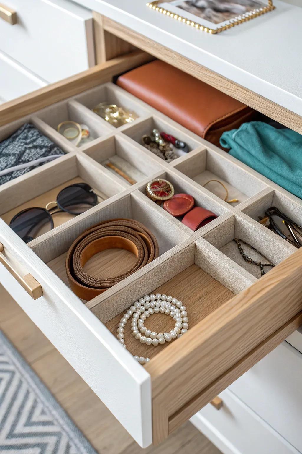 Cute closet upgrade: drawer inserts that turn accessories into tidy, grab-and-go sections.