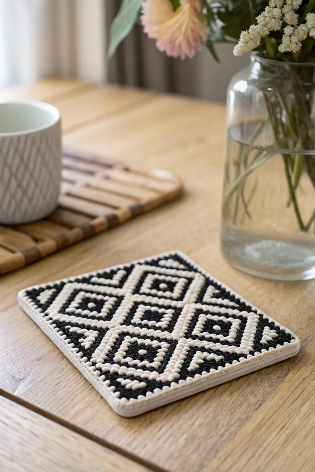 Elevate your decor with this chic black and white perler bead coaster, where minimalist meets boho elegance.
