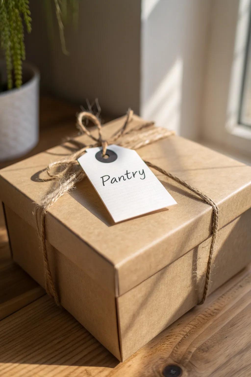 Natural twine + a handwritten tag turns a simple box into calm, pretty small-space storage.