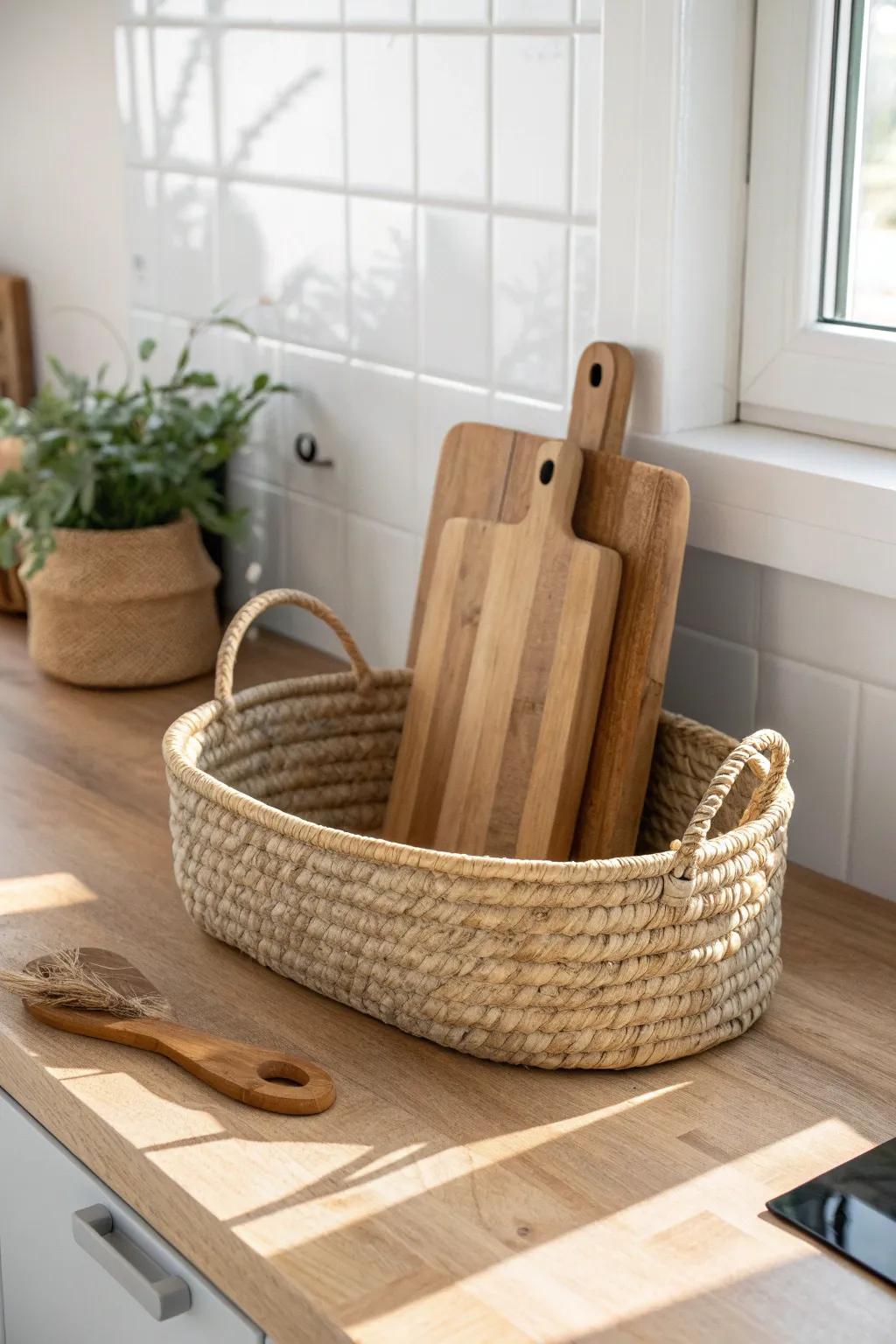 Handled basket corral keeps cutting boards upright, tidy, and easy to move in small kitchens.