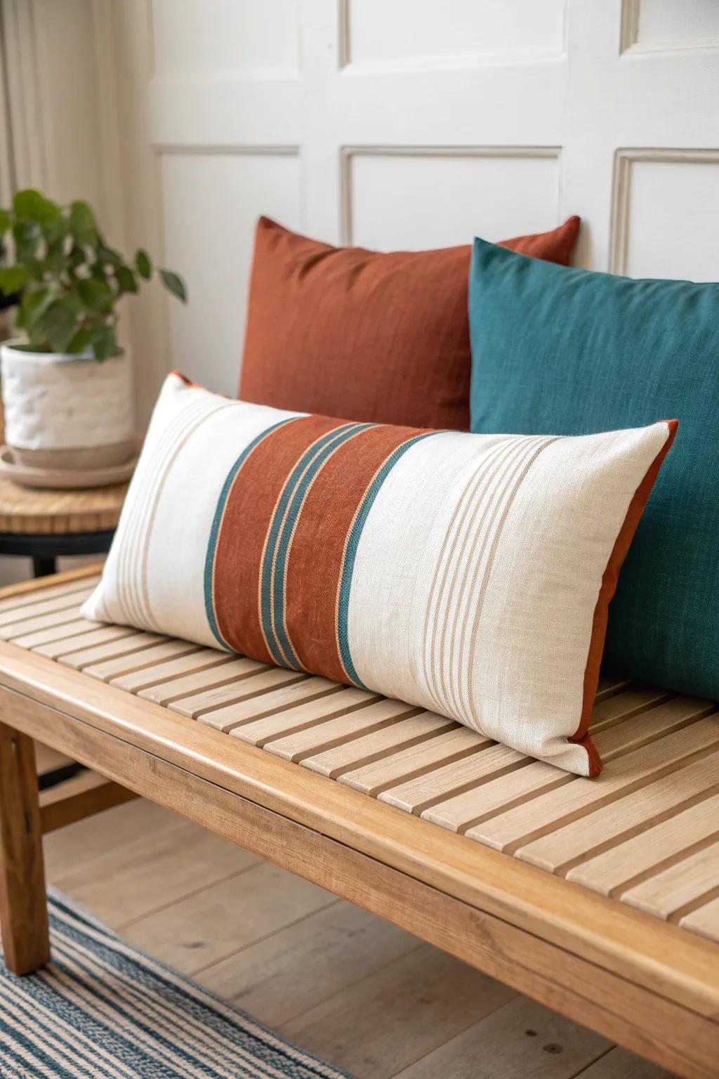 Symmetrical, matching daybed pillow style for a clean, tidy look—bold color, calm vibe.