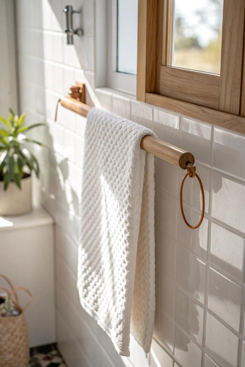 A slim oak towel bar frees up space—minimal, warm, and beautifully functional.