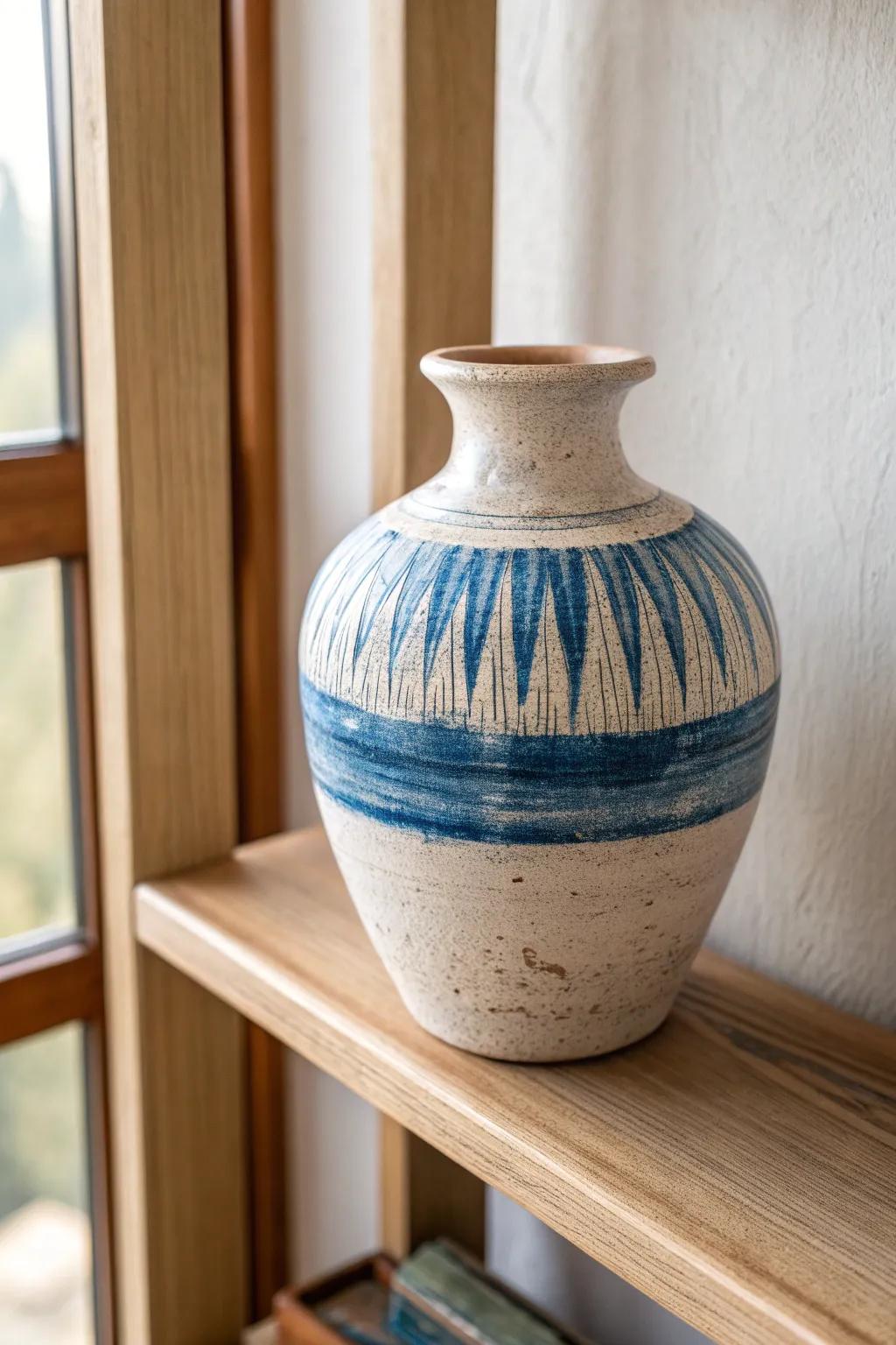 Anchor your built-ins with one oversized artisan vase for a cleaner, calmer shelf look.