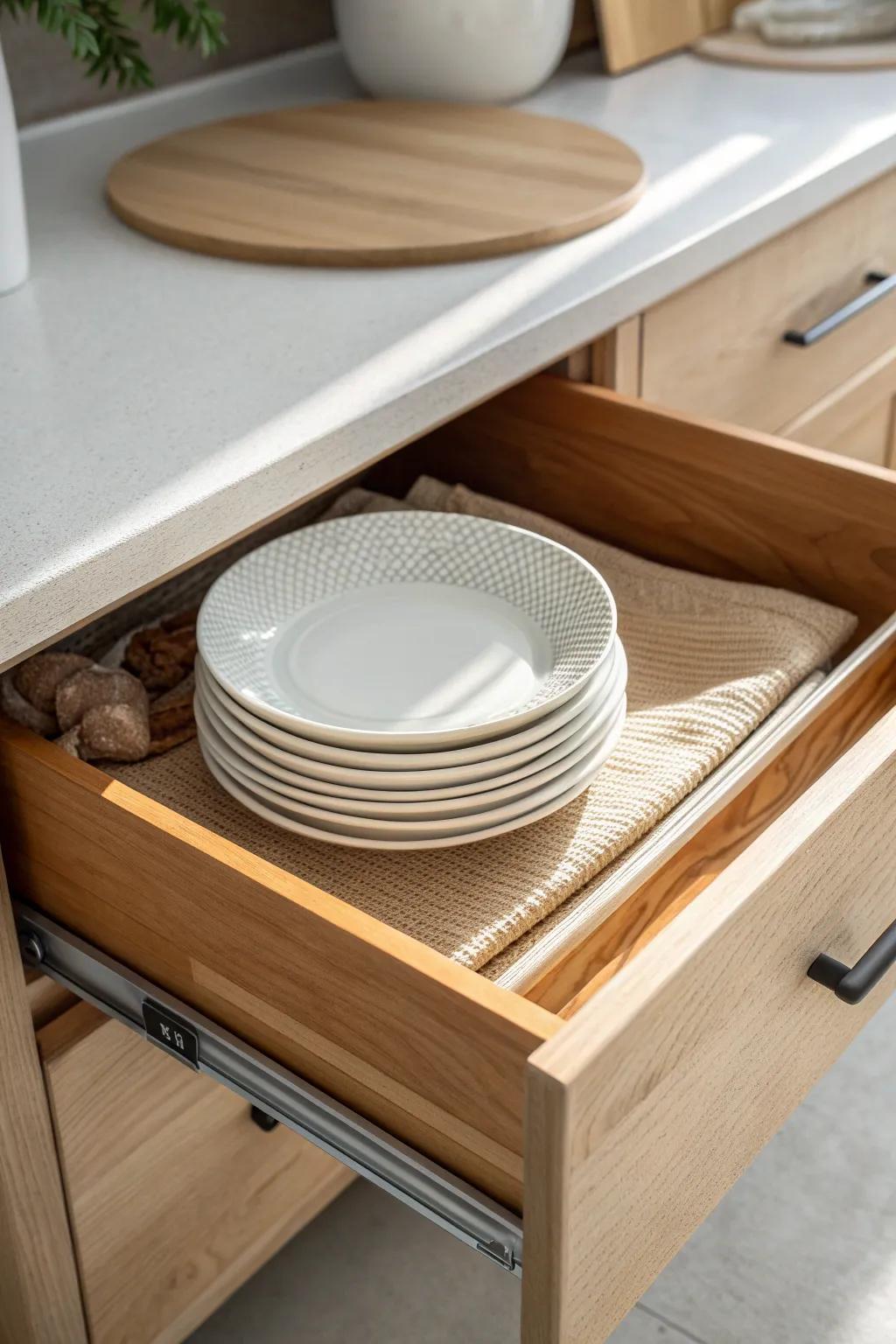 Secure plate stacks in deep drawers—one simple non-slip liner stops the slide-and-clink.