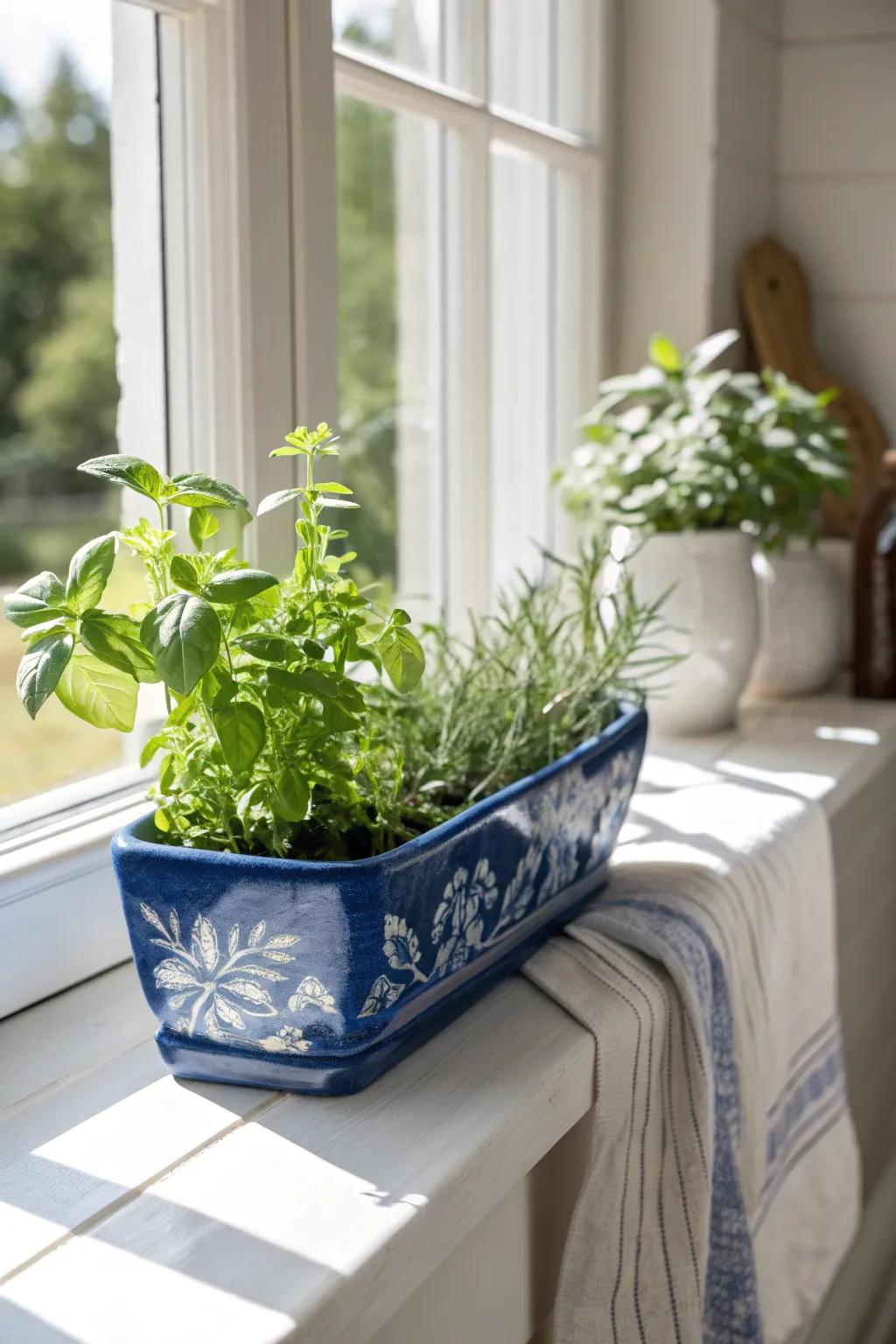 Deep-sill herb trough in a bold glaze—fresh, practical, and beautifully styled.