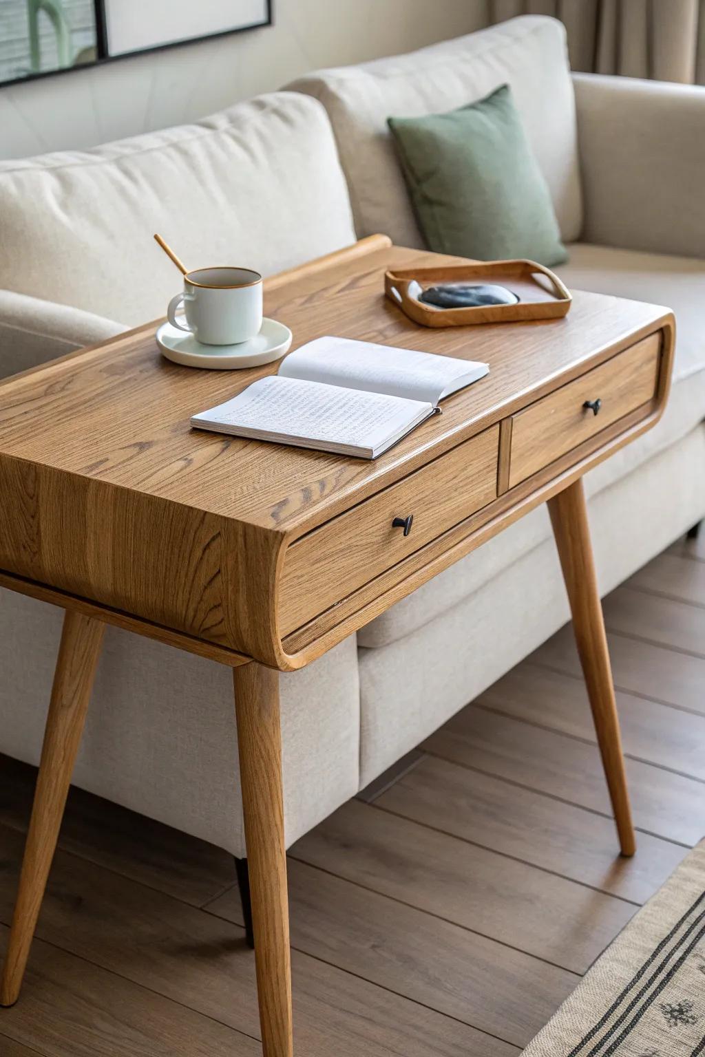 A slim side desk beside the sofa—tiny footprint, real workspace, big style.