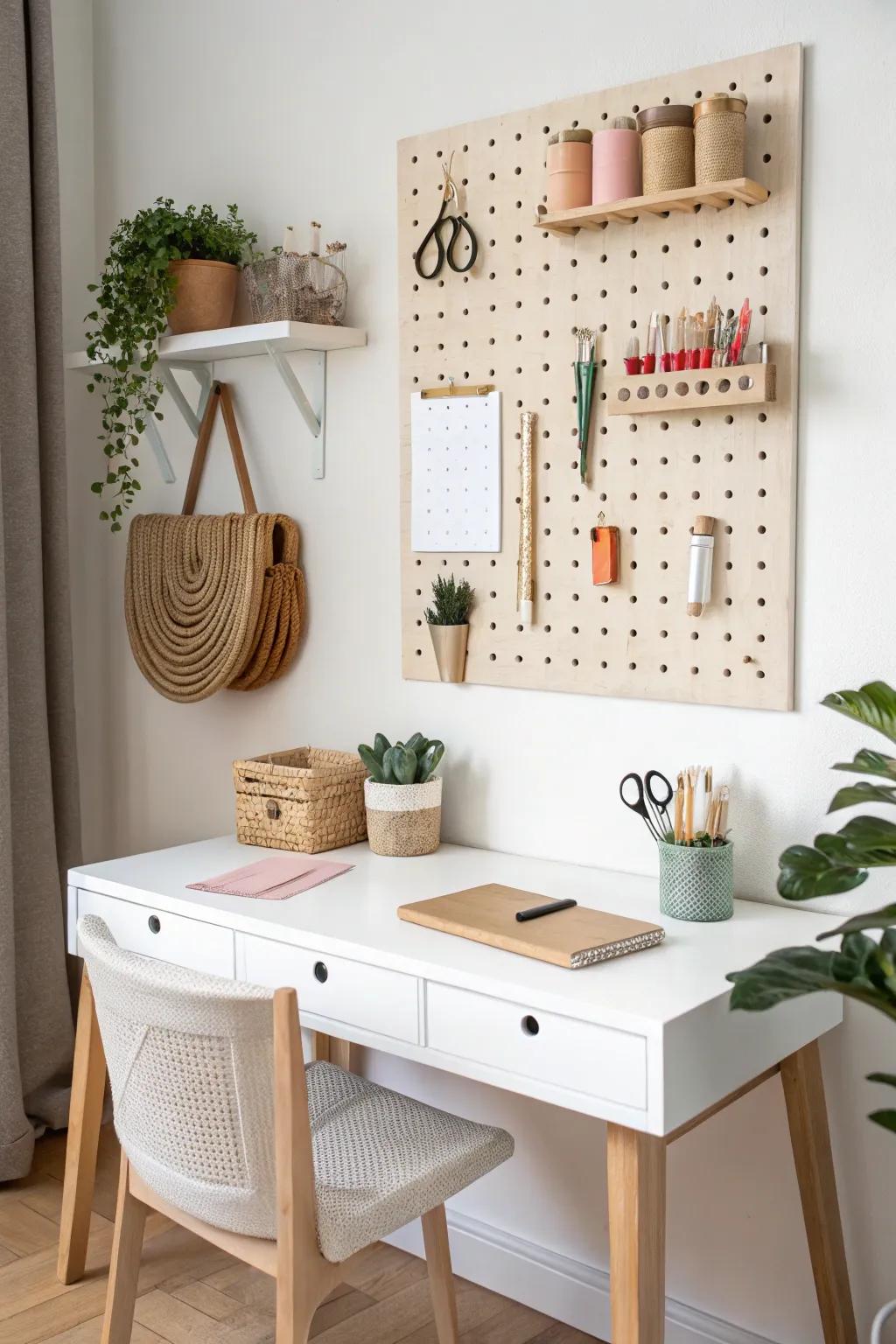 A symmetrical pegboard turns desk clutter into wall-worthy, pretty function for small spaces.