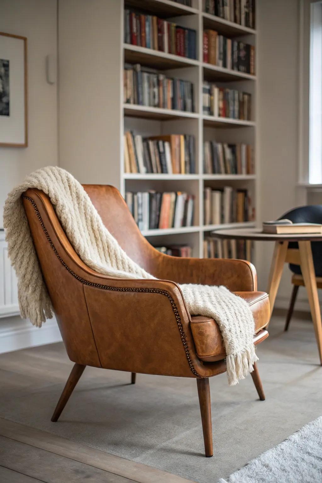 Turn your dining room into a cozy library retreat—one chair, a throw, and perfect light.