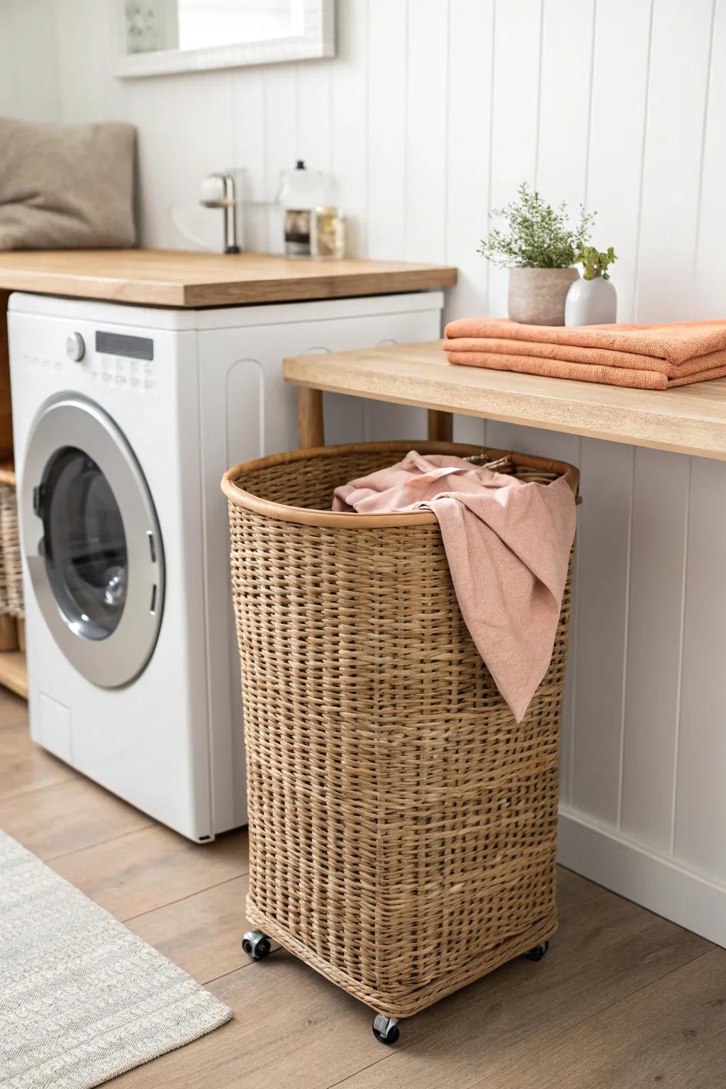 Hide the mess: a chic under‑counter rolling bin that keeps tiny laundry nooks serene.