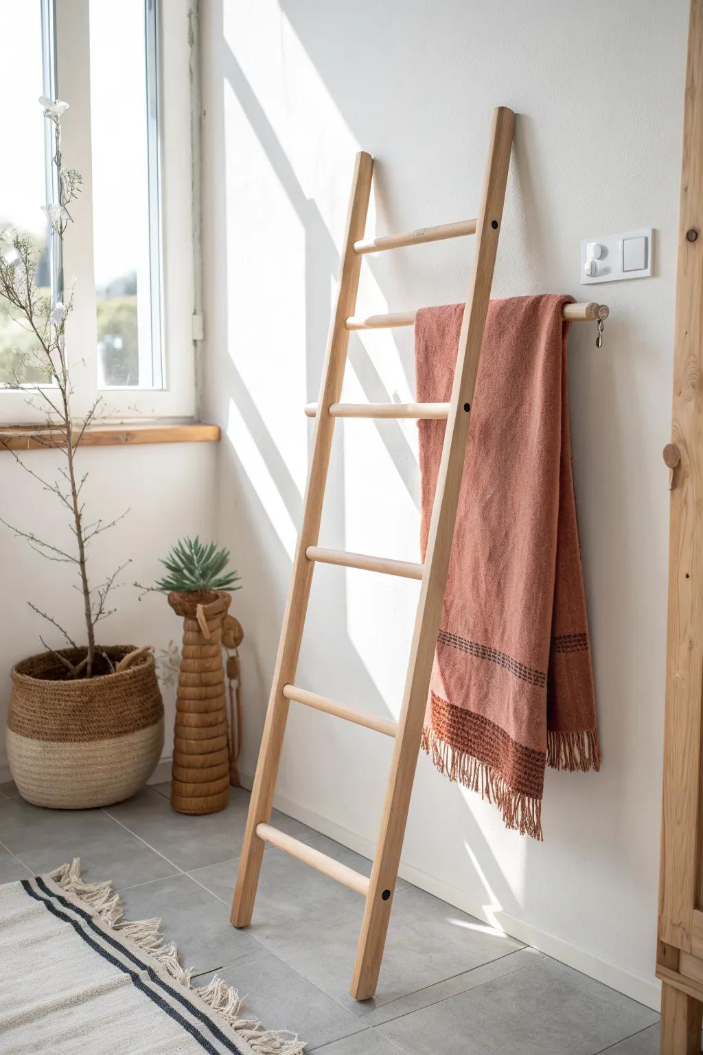 DIY birch towel ladder: slim vertical storage with a bold terracotta pop for small bathrooms.
