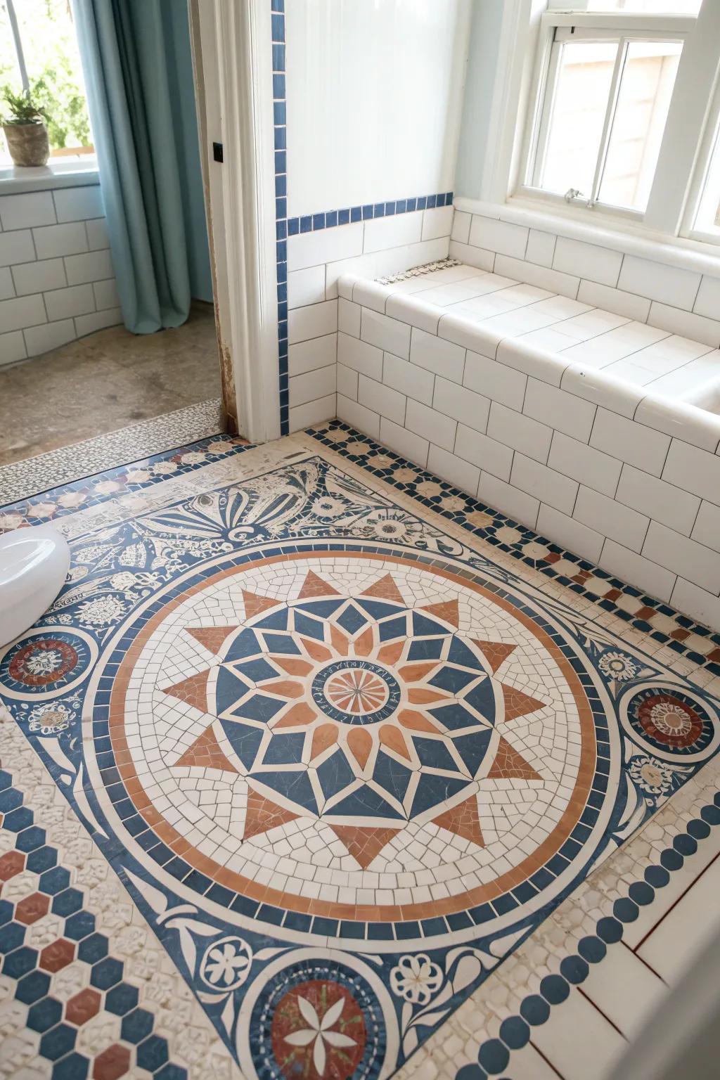Transform your bathroom into an artful retreat with a bespoke mosaic tile floor. A touch of boho elegance meets Scandinavian minimalism.