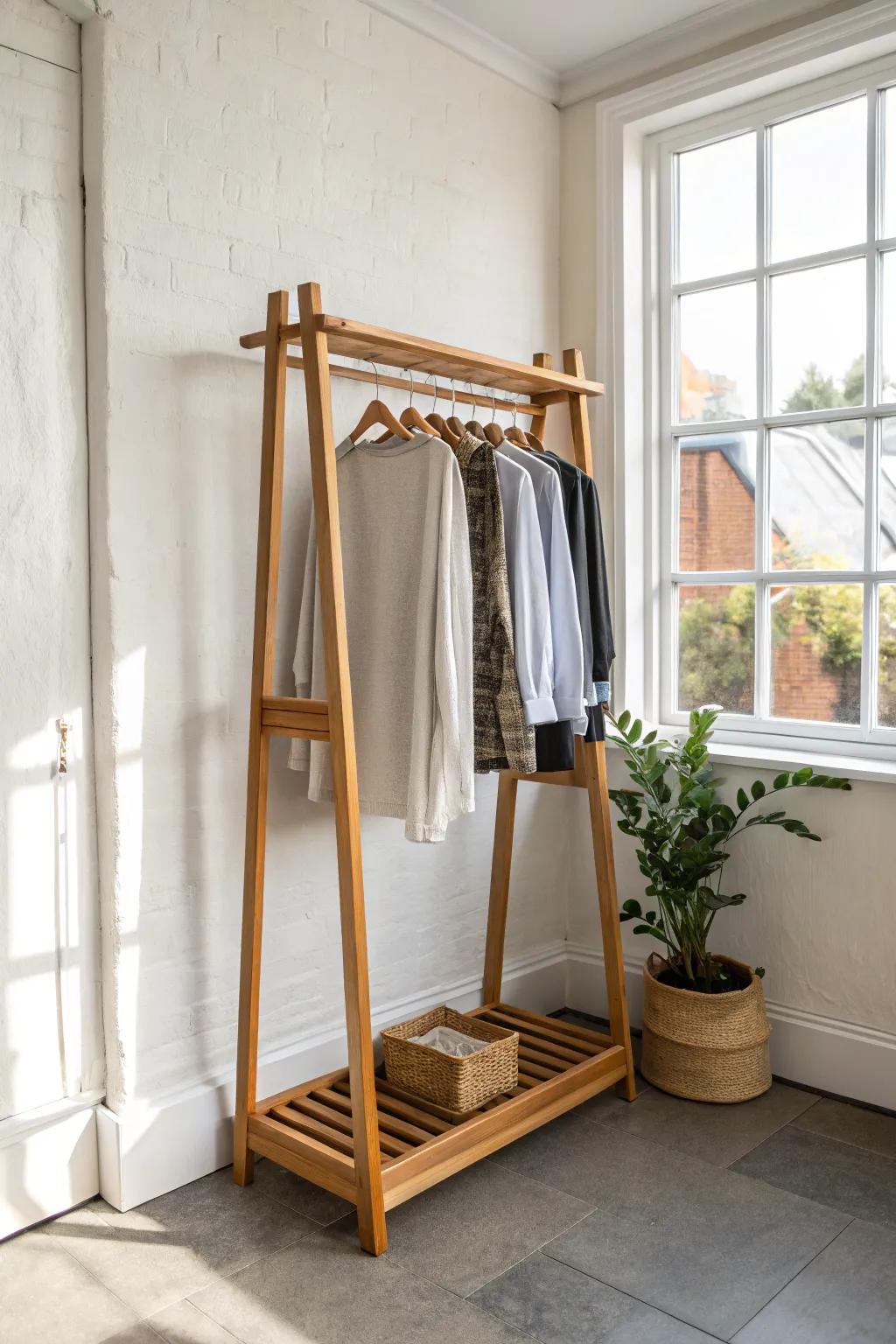 Warm-stained dowel box rack—airy, minimalist, and boutique-pretty for tiny spaces.