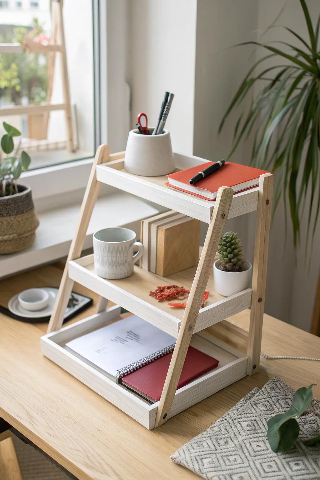 DIY tiered desktop shelf: two levels of vertical storage for a calm, clutter-free small desk.