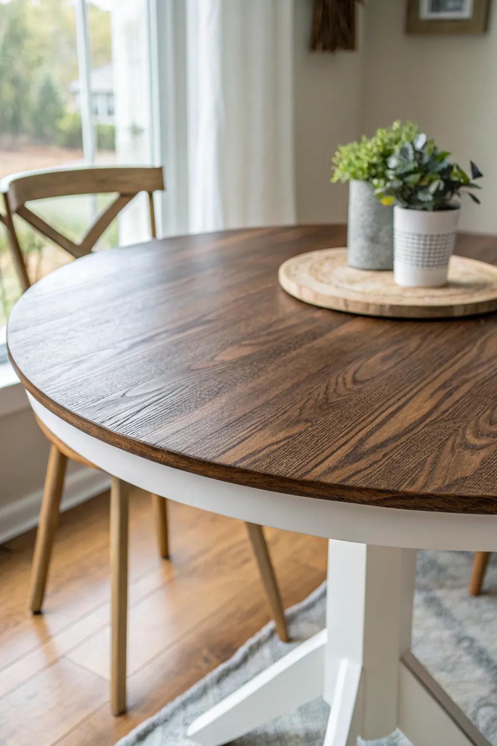 Gel stain over paint turns a plain dining table into warm faux wood grain—weekend DIY.