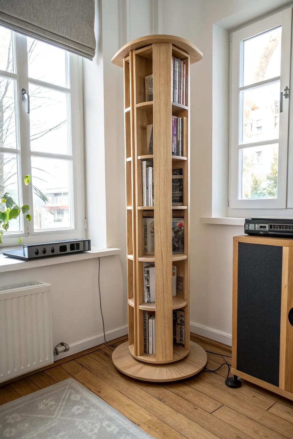 A DIY corner DVD tower on a rotating base—tiny footprint, big storage, easy title browsing.