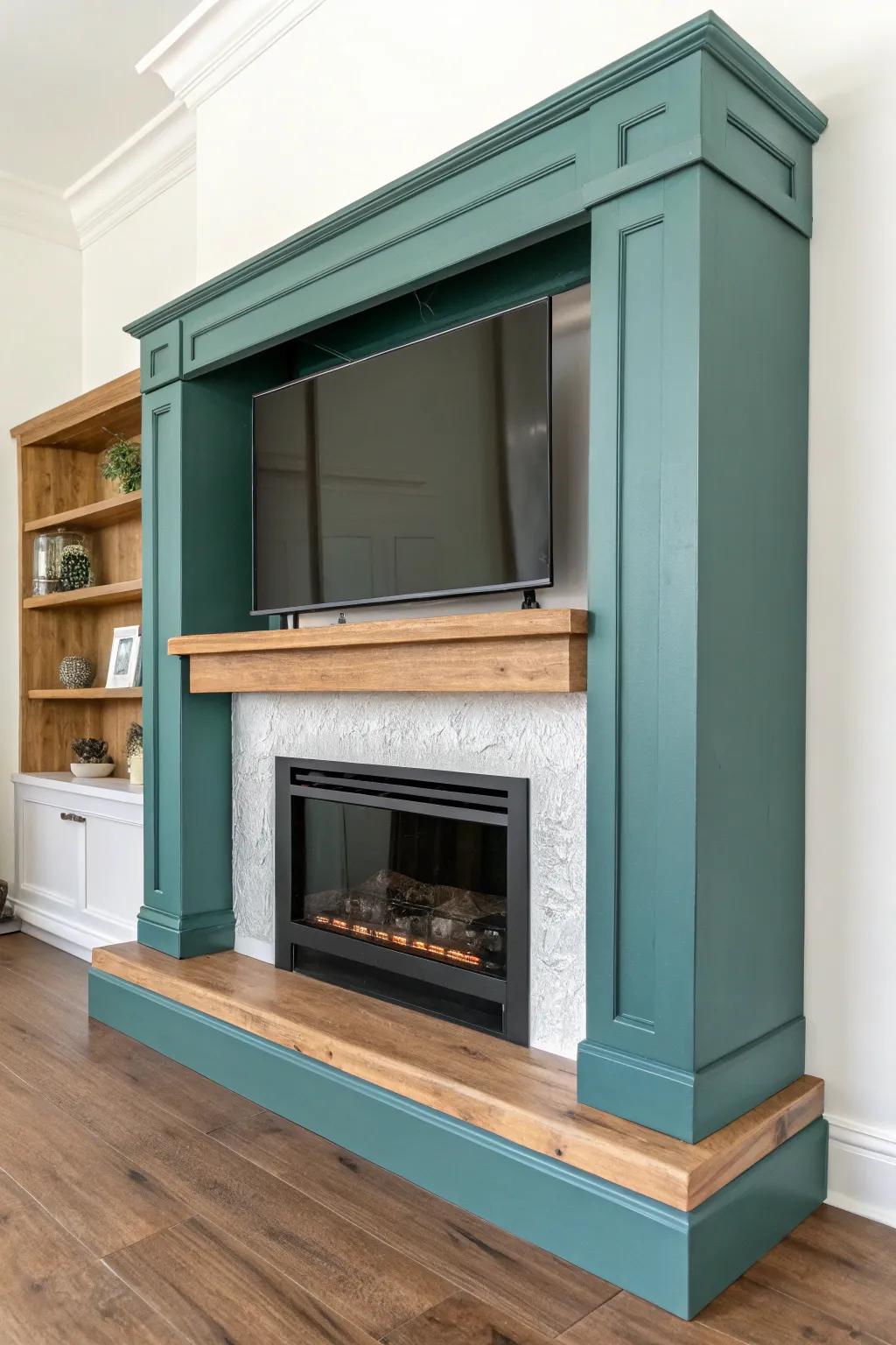 DIY faux fireplace TV base: a mantel-style shelf that makes a cozy small-space focal point.