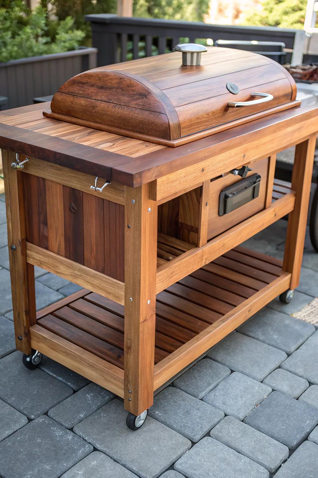 Cedar Wood Elegance: Elevate your outdoor space with a handcrafted grill cart that blends beauty and resilience.