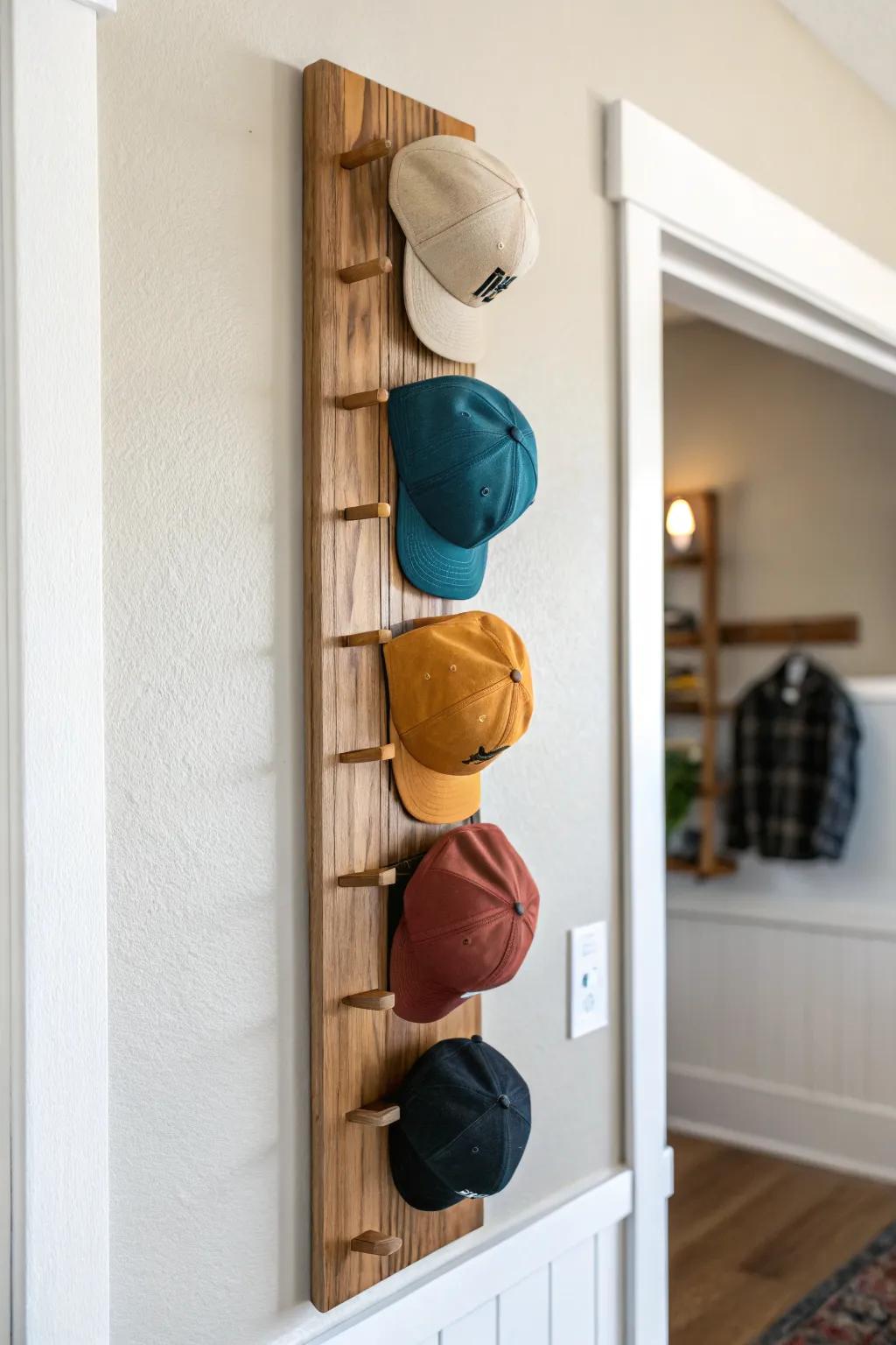 DIY vertical wood-slat cap holder: a skinny-wall upgrade that stores hats with intentional style.