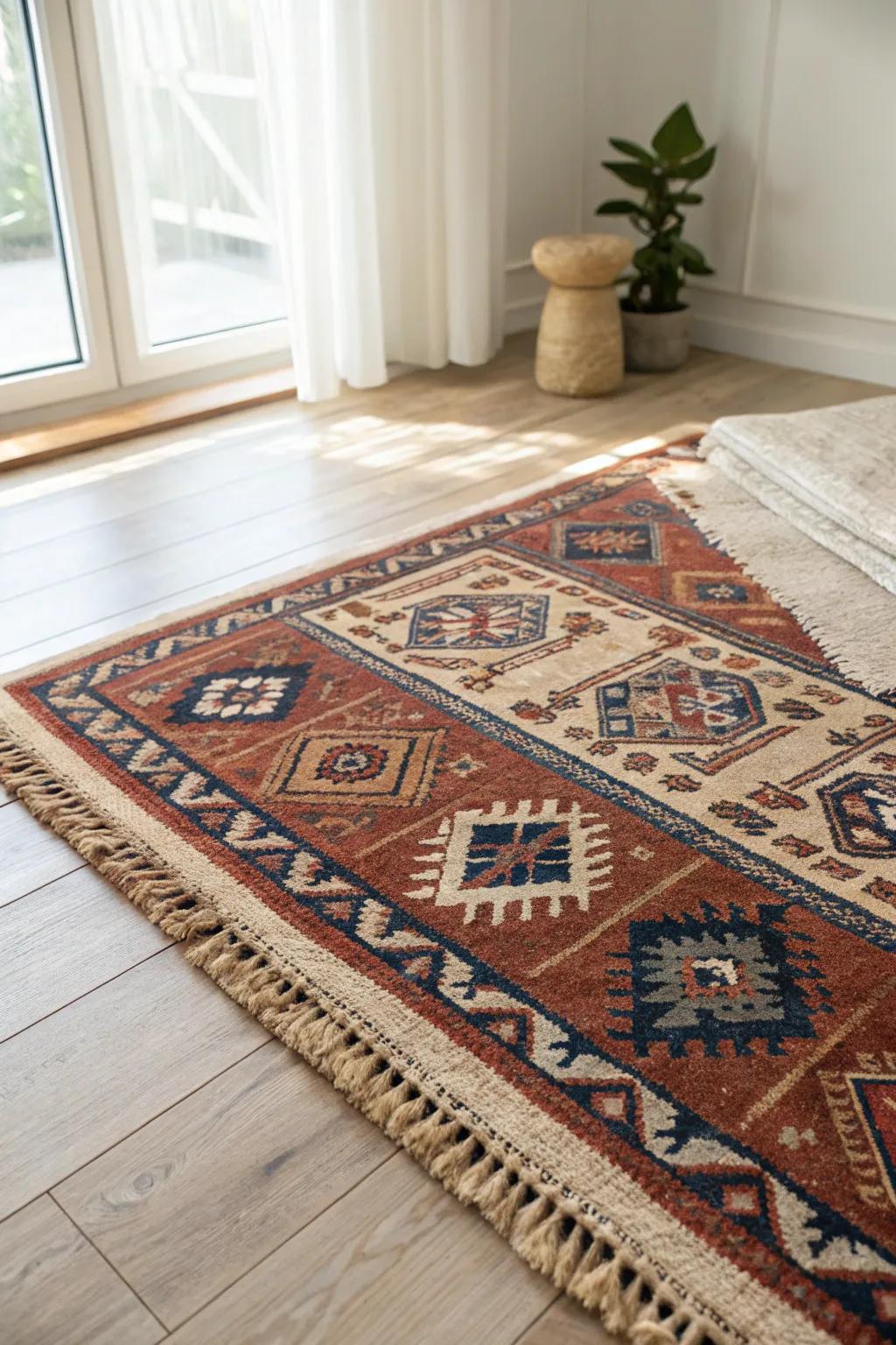 Fake designer style on a budget: layer a bold vintage rug over a neutral base.