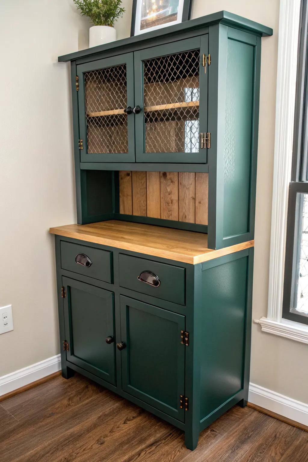 Wire-front hutch doors bring rustic texture—hide clutter while keeping the look airy and calm.