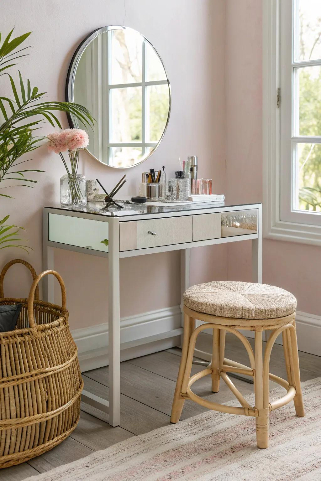 Elevate your beauty routine with a minimalist glass top vanity that combines style and functionality effortlessly. 🌿✨ #DIYVanity #ScandinavianDesign #BohoChic