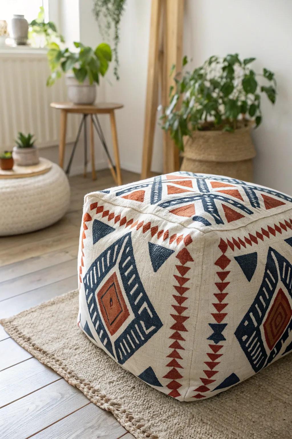 Transform your space with a bold, hand-painted canvas pouf – where minimalist charm meets Boho artistry.