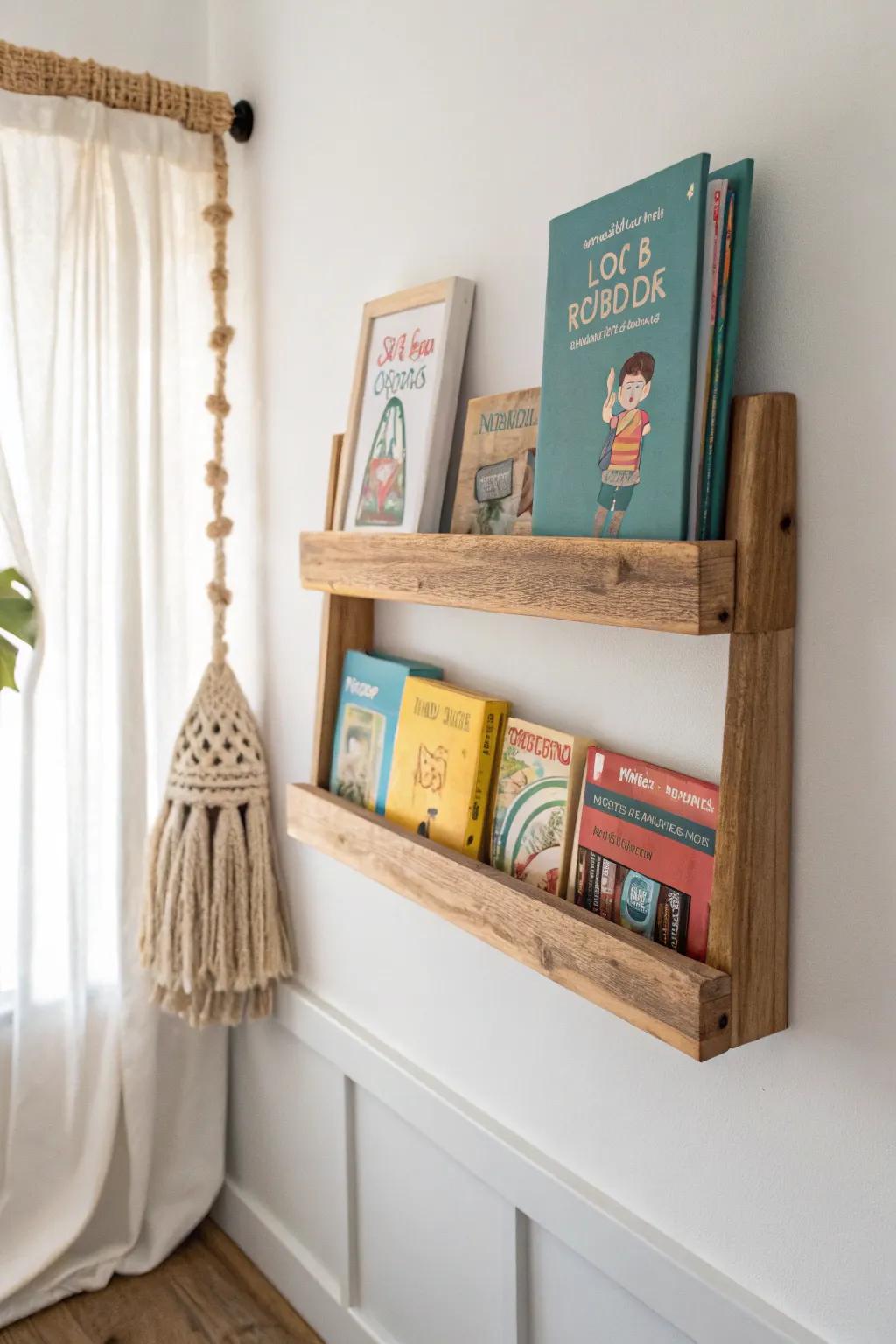 Slim pallet book ledge keeps favorite reads on display—freeing floor space for play.
