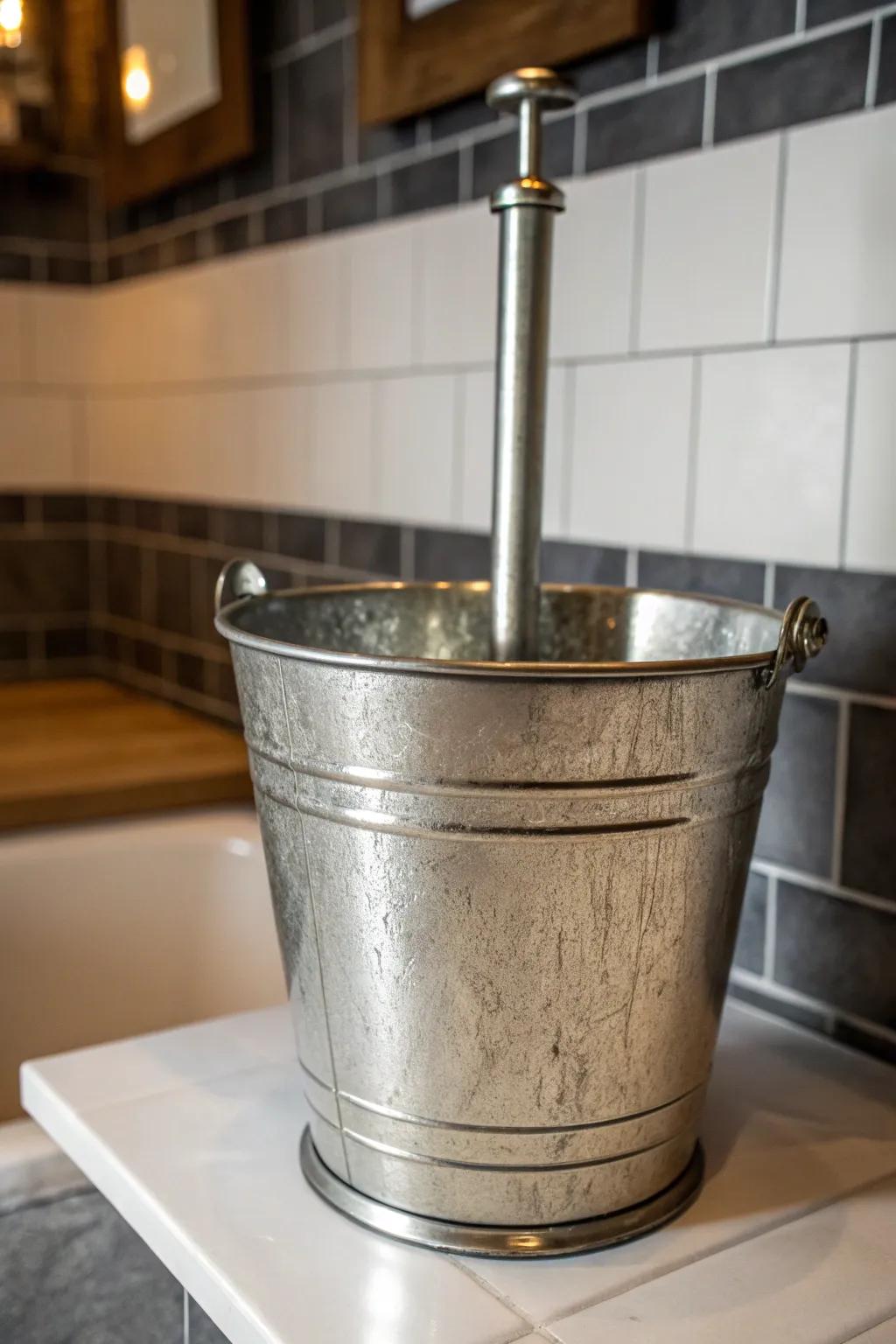 Transform your space with a touch of industrial elegance using a repurposed metal bucket as a stylish plunger holder.