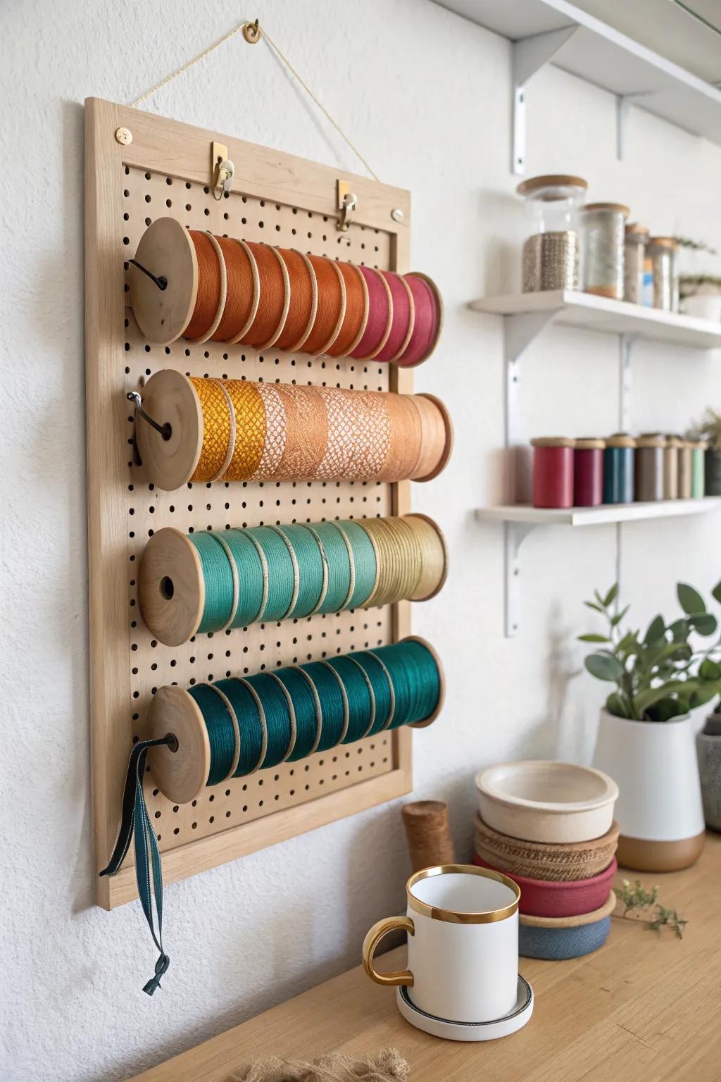Pegboard ribbon wall: pretty, flexible storage that grows with your spool collection in small spaces.