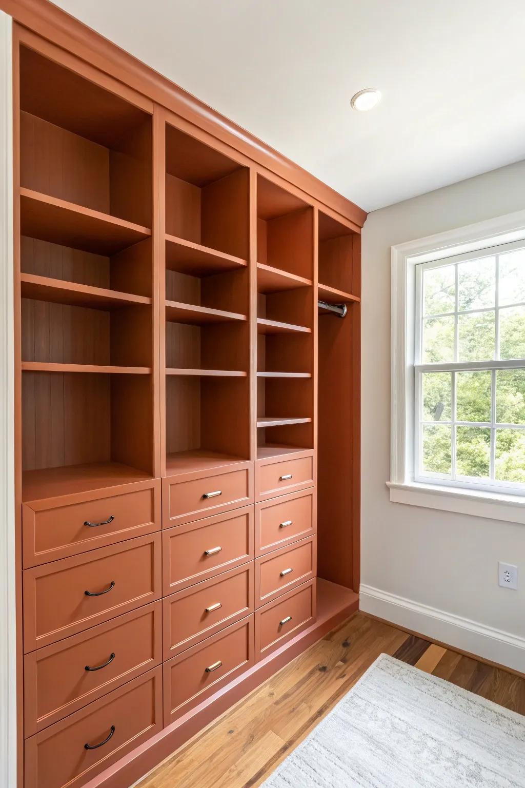 Wall-to-wall closet shelves painted to match the walls—calm, seamless storage for small bedrooms.