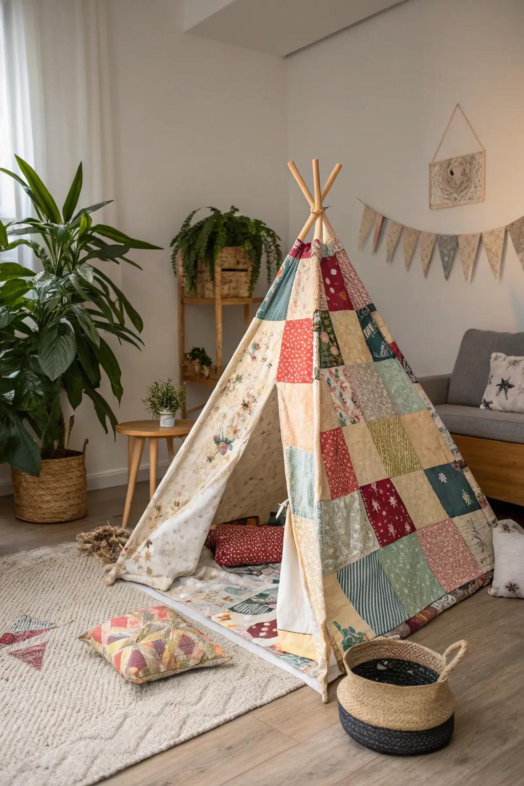 Transform old fabrics into a charming sleepover sanctuary with upcycled patchwork tents!