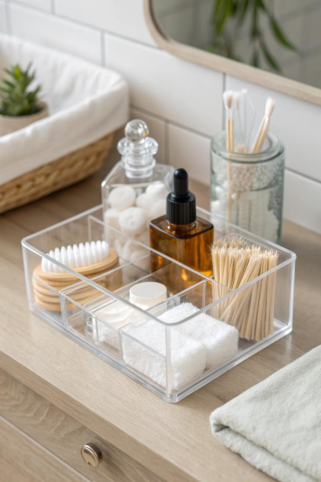 Clear bins make tiny vanity drawers feel instantly bigger—see everything, ditch the clutter.