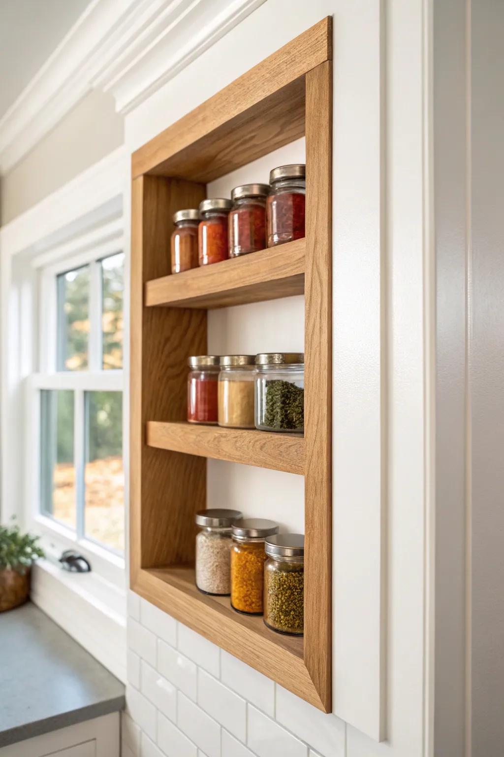 Between-studs spice niche: flush oak shelving for a built-in look with bold, colorful spices.