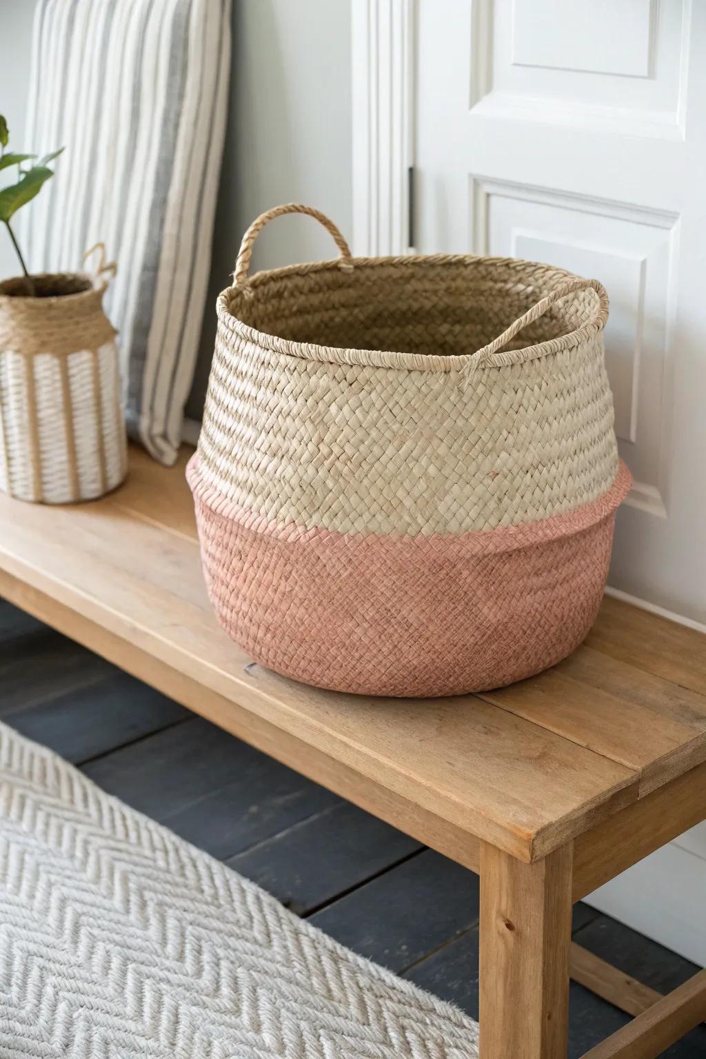 Paint-dipped woven basket refresh: soft blush tone keeps the texture and elevates entryway storage.
