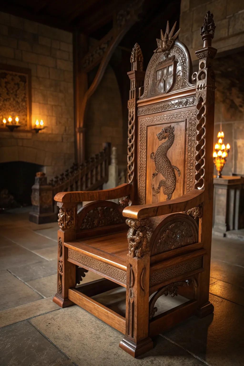 Unleash your inner king with this dragon-themed throne chair, where craftsmanship meets fantasy.