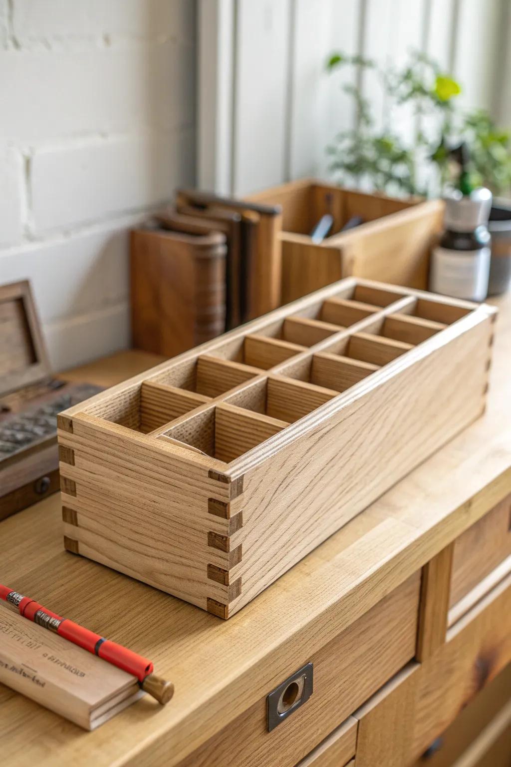 Scrap-wood drawer divider that keeps pliers and wrenches neat—simple, pretty, and practical.