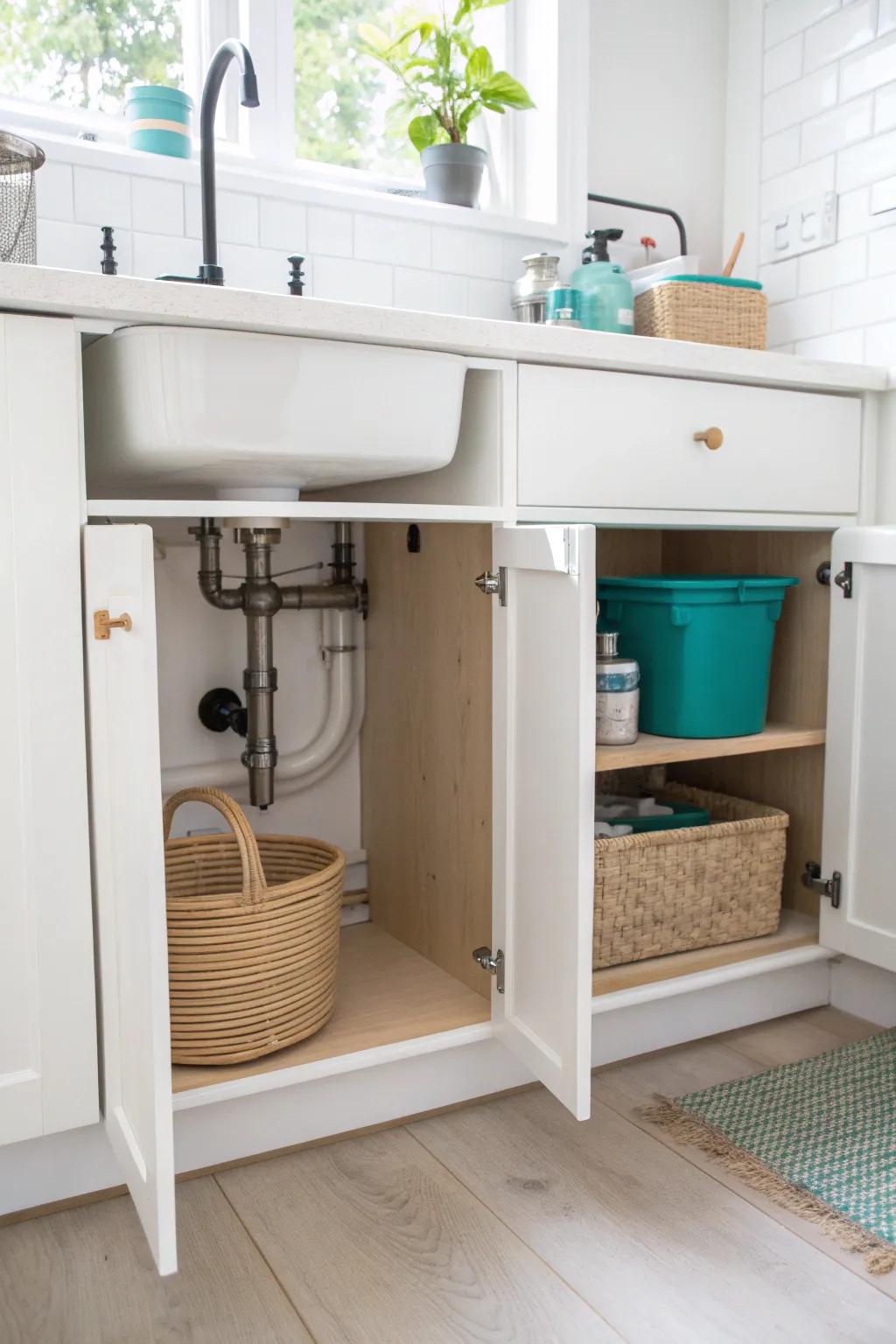 DIY center divider under the sink keeps everything in lanes—no more slide-in pile chaos.