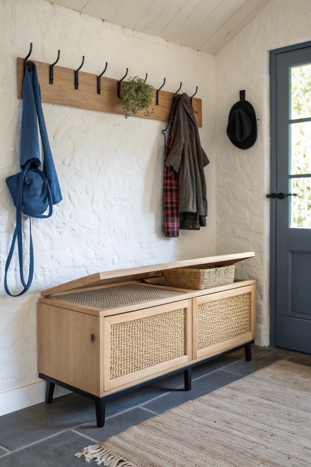 A sleek storage bench + bold leash hook keeps your small entryway calm and grab-and-go.