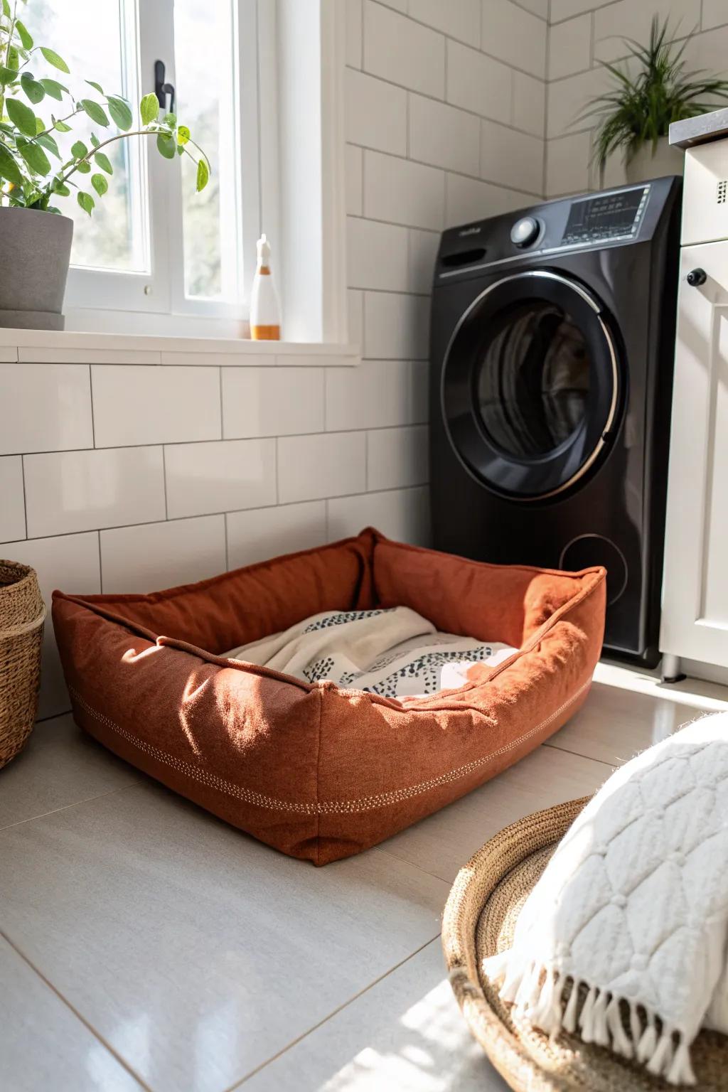 Laundry-room quiet nook: a washable terracotta dog bed that feels calm beside the soft machine hum.