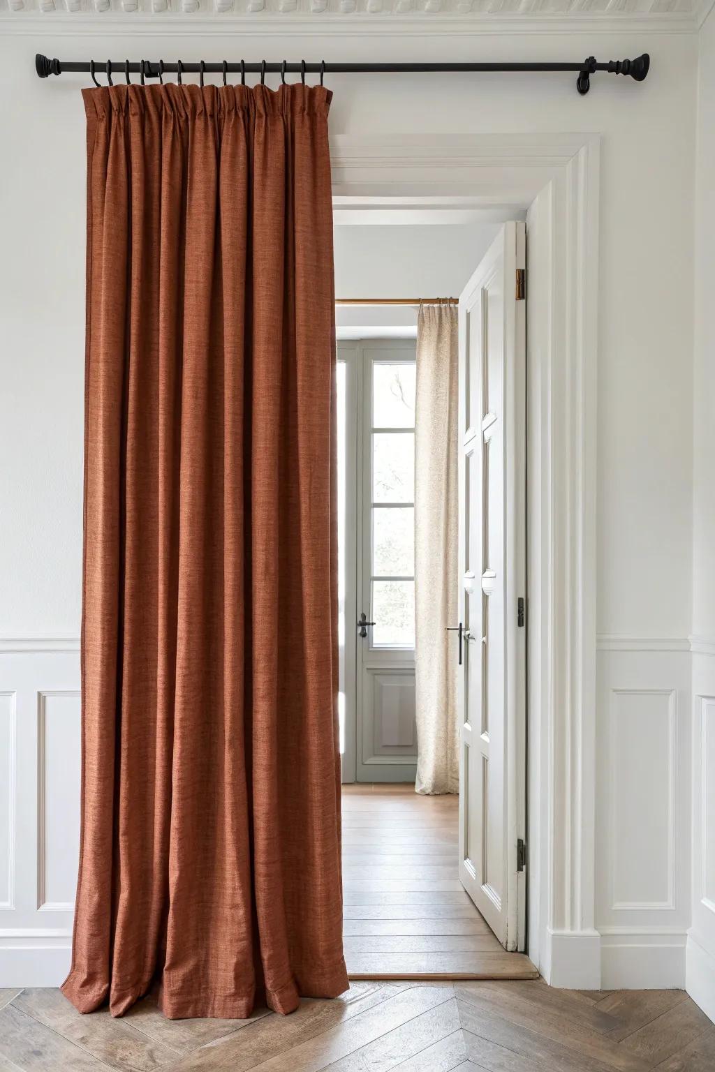 Extra-wide rod, zero gaps—this bold linen doorway curtain feels built-in and beautifully private.