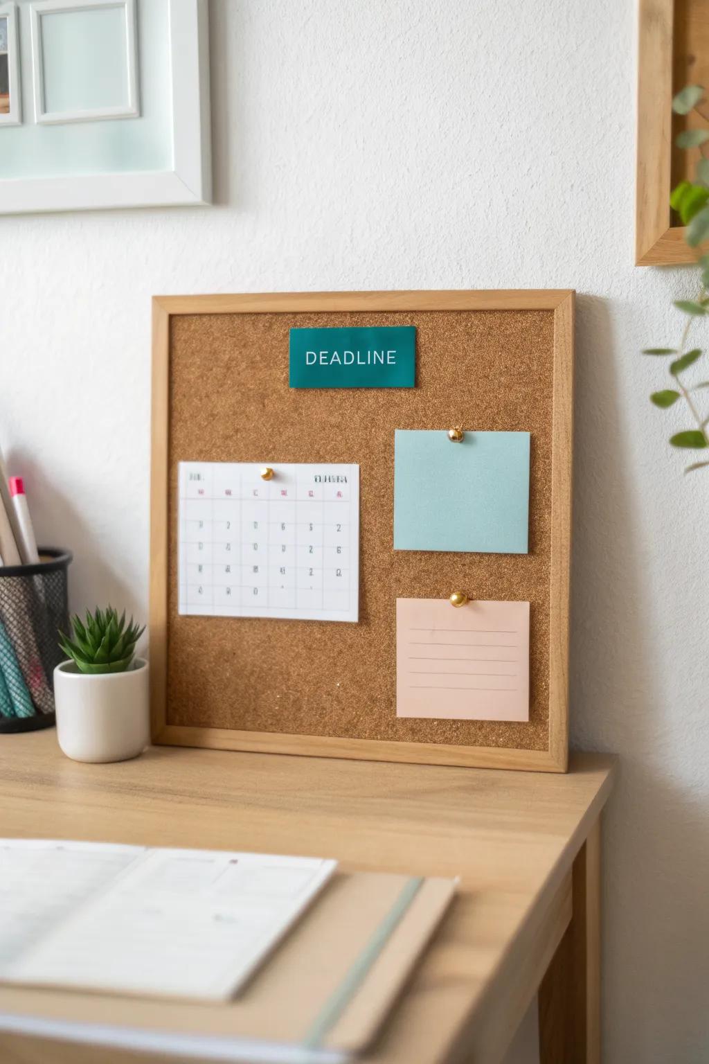 Mini cork pinboard above the dorm desk keeps deadlines visible and the surface clutter-free.