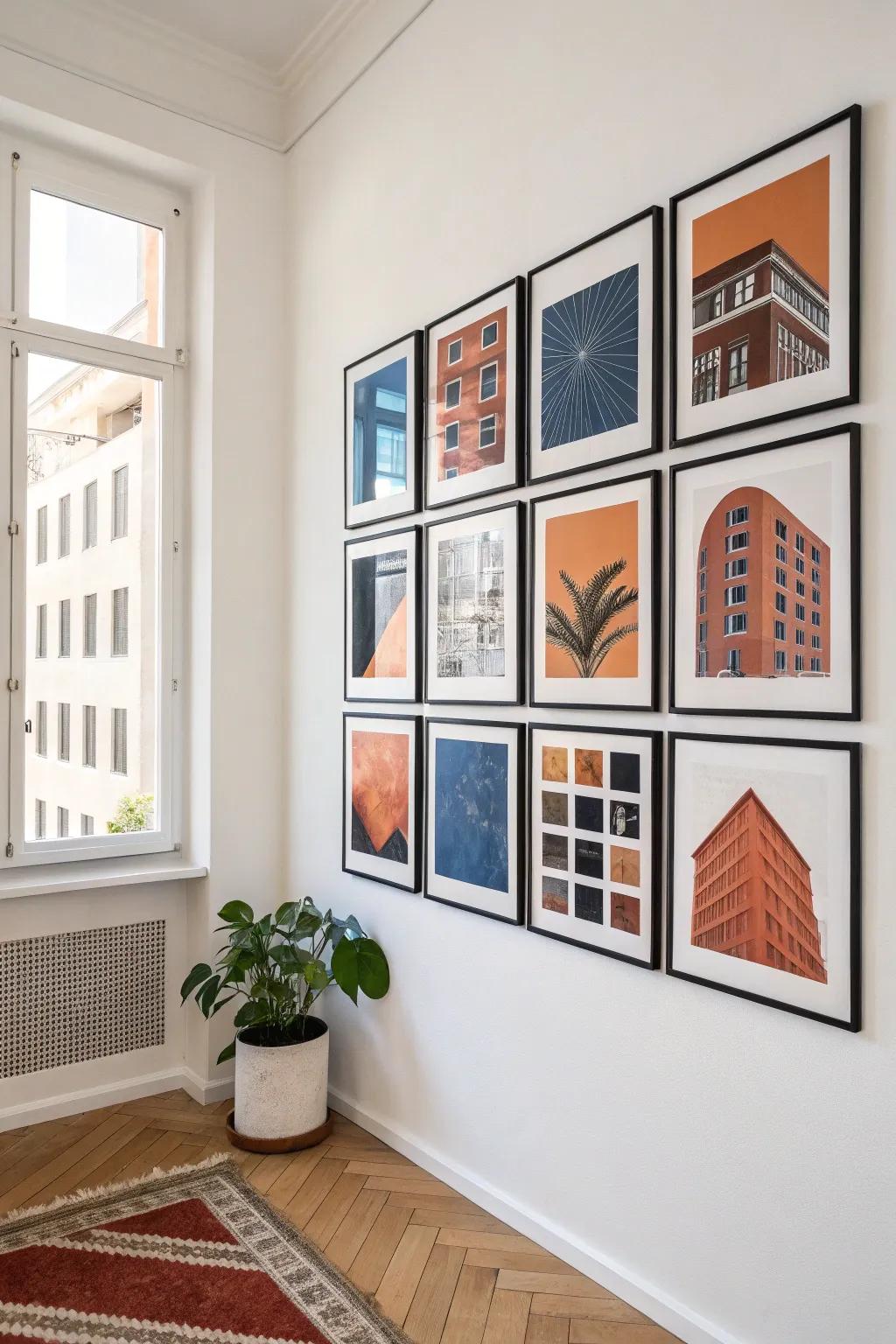 Turn posters into a grown-up grid—matching frames and bold art make a dorm wall feel curated.
