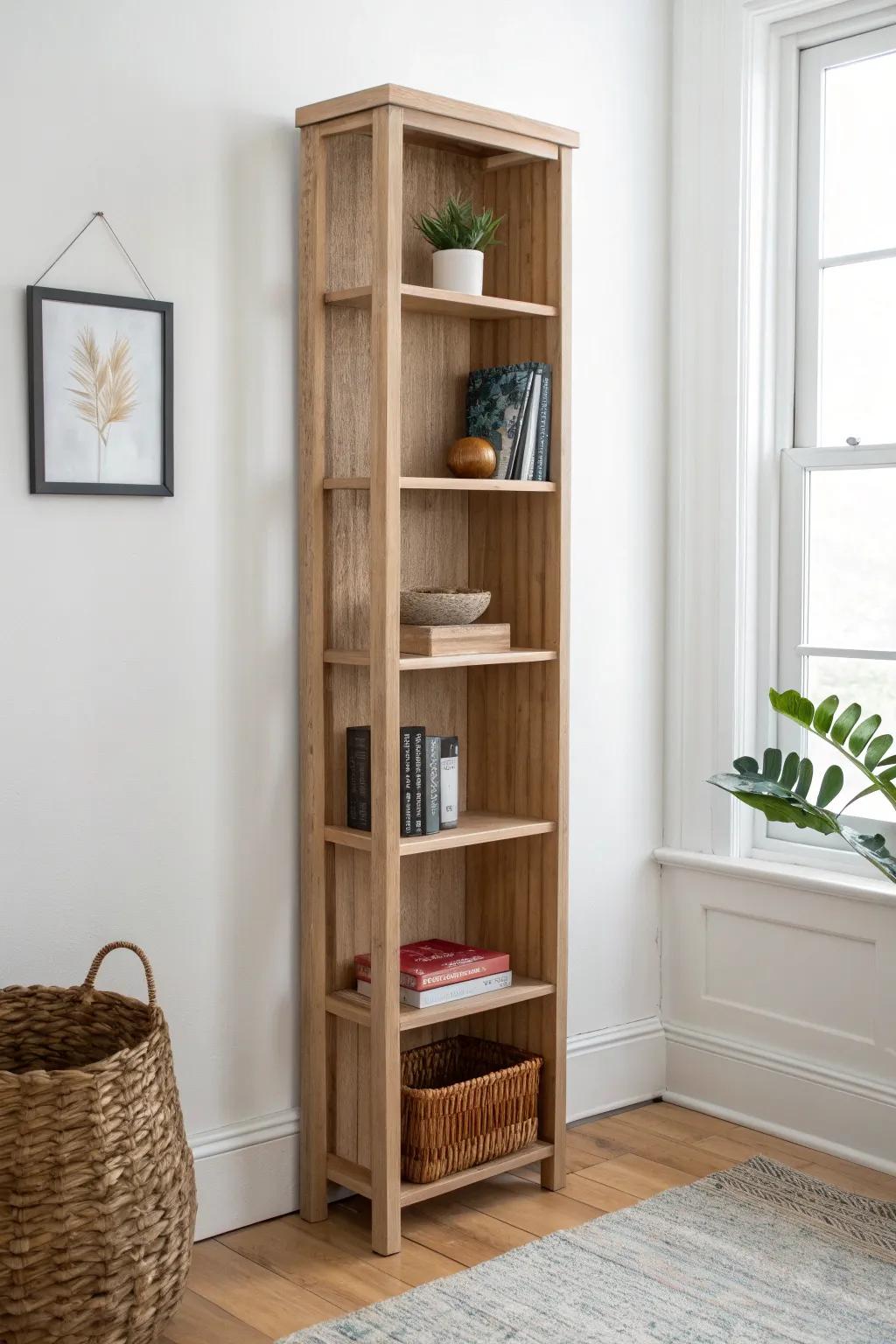 Slim vertical bookcase: big storage, tiny footprint—perfect for dorms and small spaces.