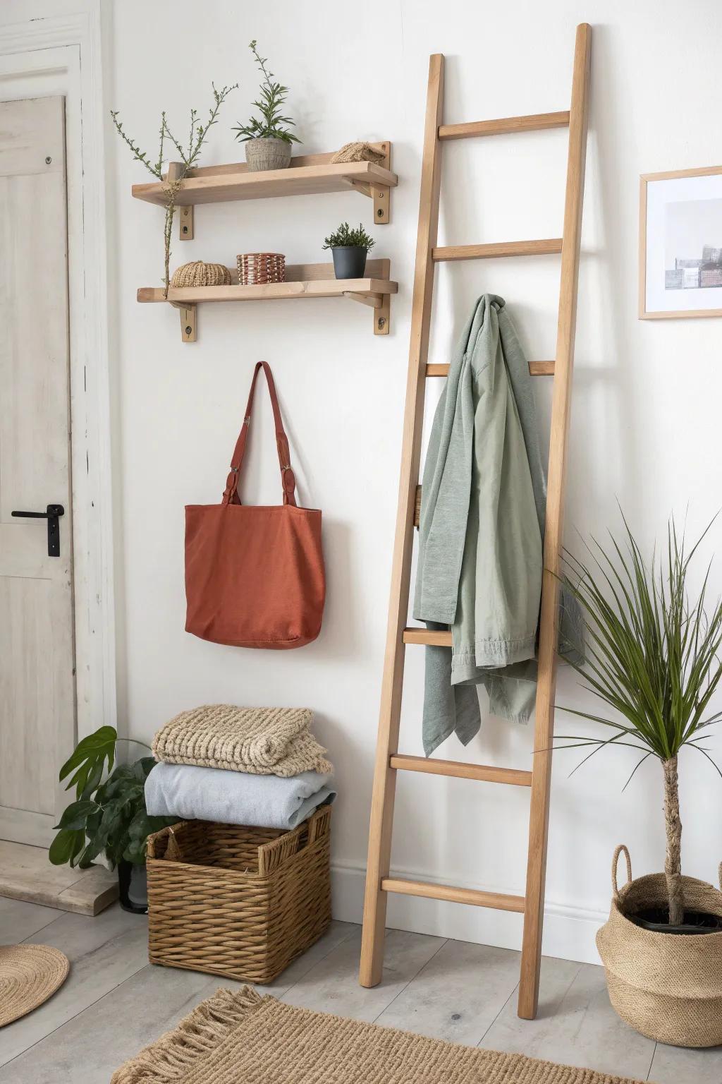 Go vertical: a slim shelf-and-hook ladder keeps dorm essentials off the floor—beautifully.