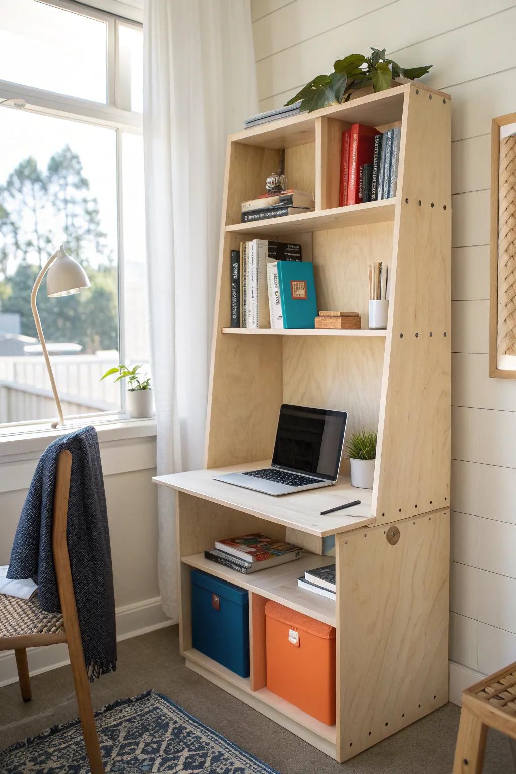 DIY desk hutch with vertical shelves: lift books + tech up and make a tiny dorm desk feel bigger.