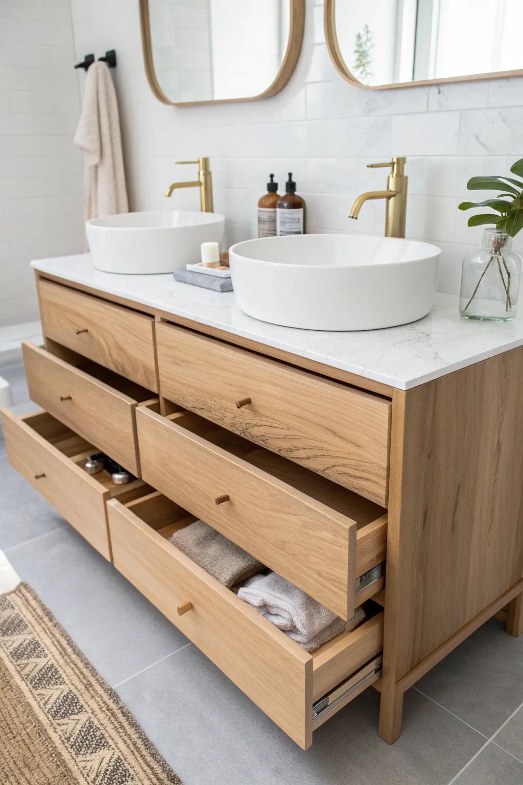 Deep drawers beat doors—this small double vanity keeps everything visible, tidy, and within reach.